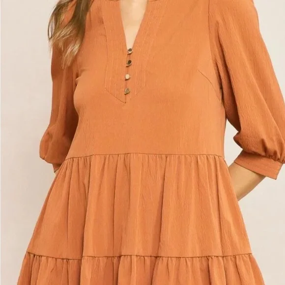 New Entro Women's Size Small 3/4 Sleeve V-Neck Rust Colored Boho Dress - Picture 2 of 8
